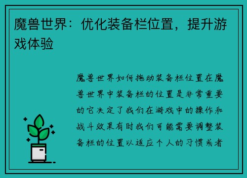 魔兽世界：优化装备栏位置，提升游戏体验